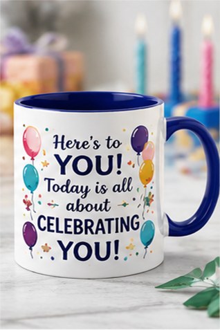 Celebrating You birthday mug — dark blue
